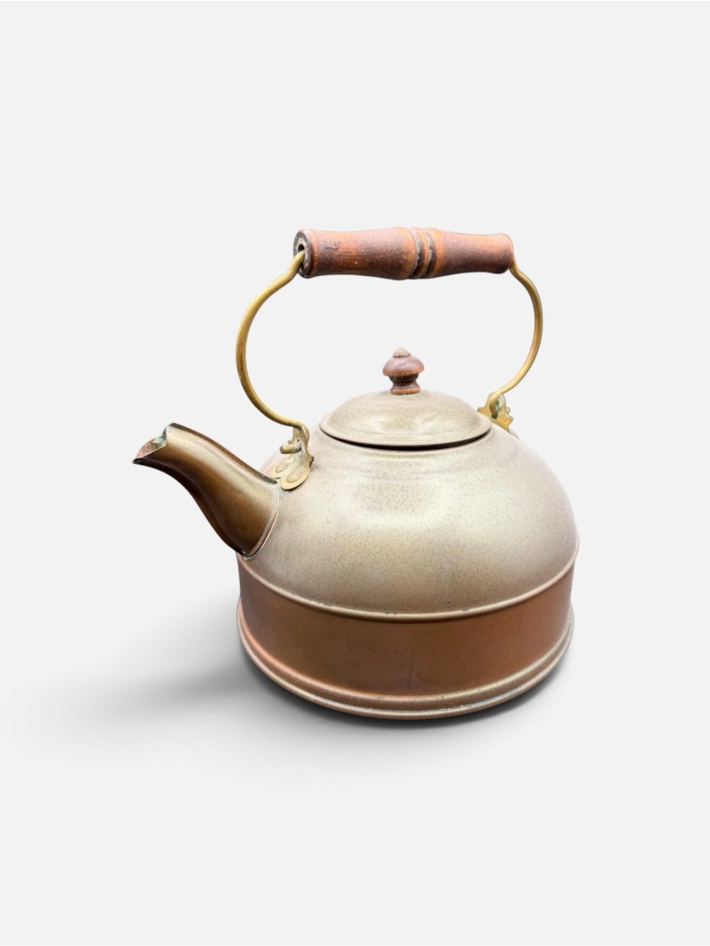 Vintage Copper & Brass Tea Kettle • Wood Handle Rustic Farmhouse Decor Staging